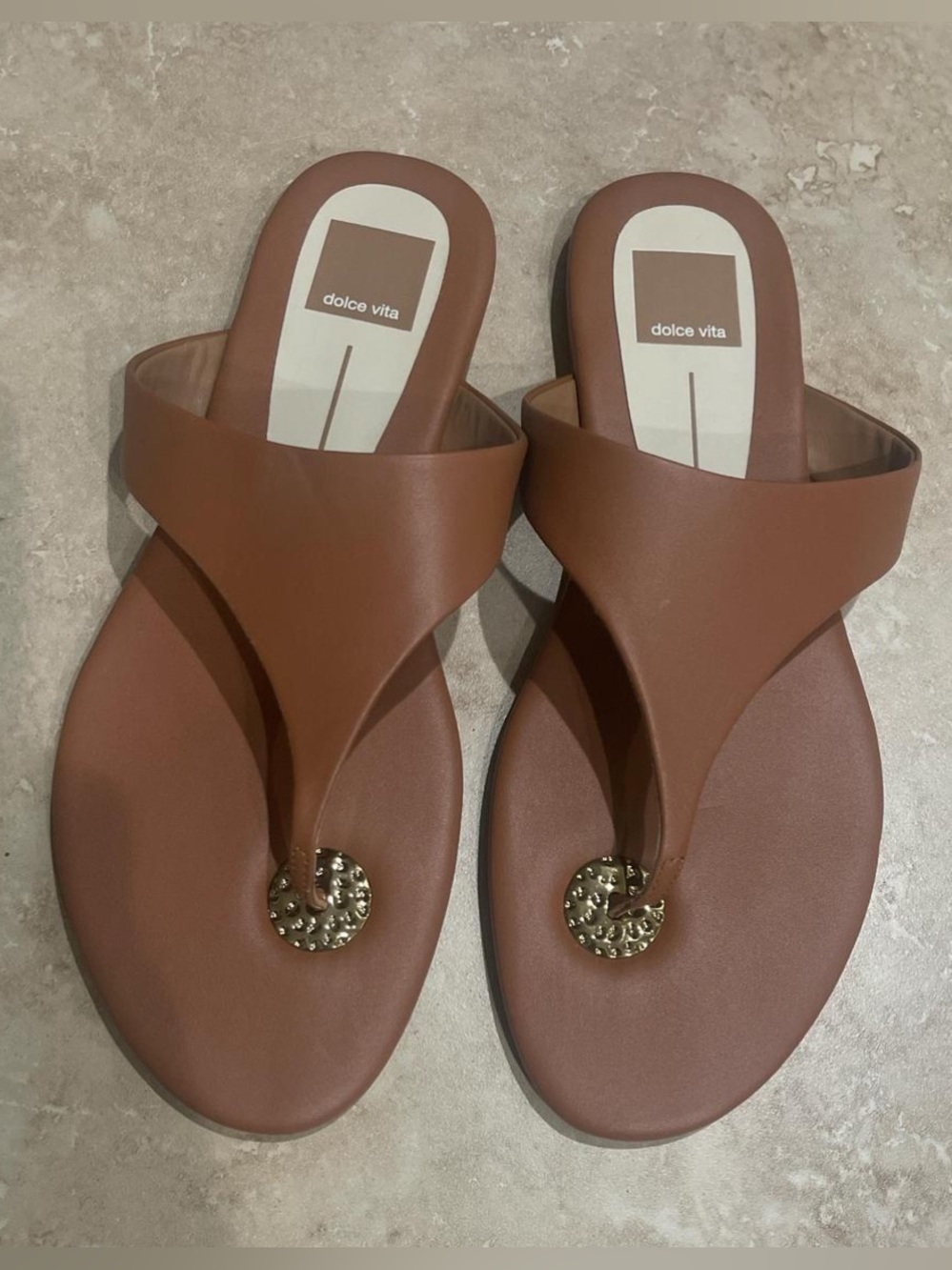 Dolce Vita Tan Leather Thong Sandals with Gold Stud Accent
